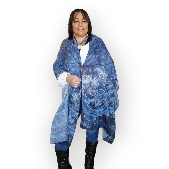 BLUE FLORAL AND PLAID WOMENS SHAWL SCARF - Picture 4 of 6